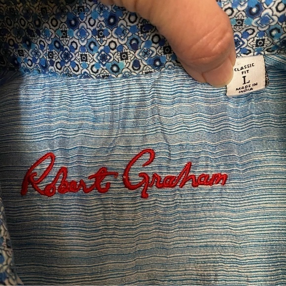 ROBERT GRAHAM Men Blue Pattern Classic Fit Flip Cuffs Long Sleeve Shirt Size L - Picture 8 of 10